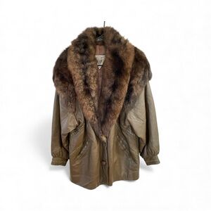 Vintage 1980s Marvin Richards Leather Coat w/ Real Fur Collar (Oversized)